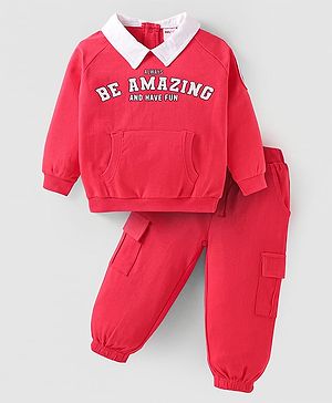 Babyhug Cotton Knit Full Sleeves Collared T-Shirt & Lounge Pants Set With Kangaroo Pockets & Text Print - Red