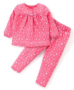 Babyhug Cotton Knit Full Sleeves Star Printed Night Suit - Dark Pink