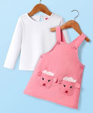 Babyhug 100% Cotton Woven Full Sleeves Antibacterial T-Shirt with Frock & Sheep Applique - White & Pink