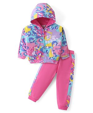 Babyhug Terry Knit Full Sleeves Hooded Sweatshirt & Joggers Set Abstract Print - Pink