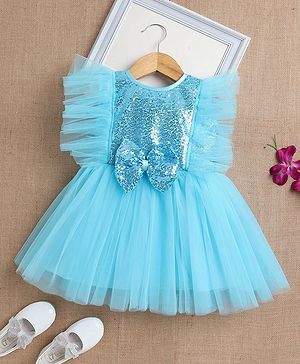 The Magic Wand Sleeveless Frill Detailed Sequin Bow Embellished Dress - Blue