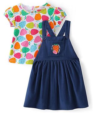Babyhug Courduroy Frock With Half Sleeves Tropical Fruits Printed Inner Tee - White & Navy