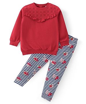 Babyhug Cotton Knit Full Sleeves Schiffli Detailed Top & Striped Leggings With Floral Print - Red & Navy