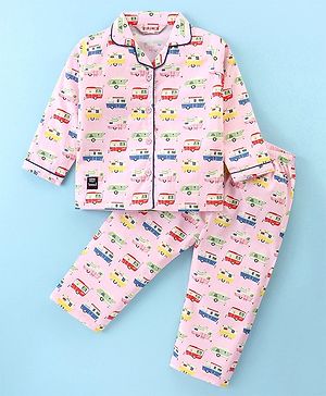 Enfance Core Cotton Woven Full Sleeves Vehicles Printed Coordinating Night Suit Set - Pink