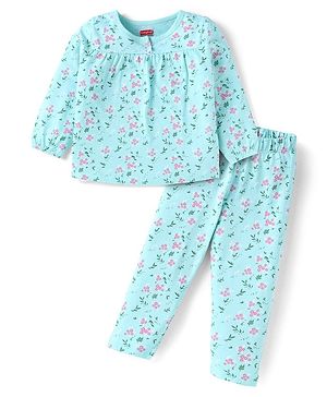 Babyhug Cotton Knit Full Sleeves Floral Print Night Suit - Aqua Blue