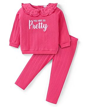 Babyhug Terry Knit Full Sleeves Peter Pan Collared Top & Leggings Set With Text Print- Dark Pink