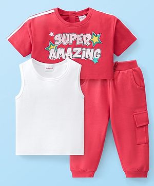 Babyhug Cotton Knit Half Sleeves Text Printed Crop Top With Inner Tee & Lounge Pants - Red