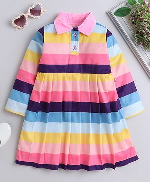 Twetoons Velvet Woven Full Sleeves Striped Frock With Collar Neck - Pink