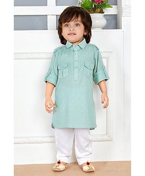 BAD BOYS Cotton Full Sleeves Abstract Embroidered Kurta With Solid Pyjama Set - Green