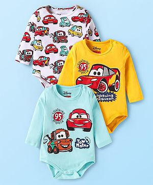 Babyhug Disney Interlock Knit Full Sleeves Onesies with Car Graphics Pack of 3- Yellow White & Blue