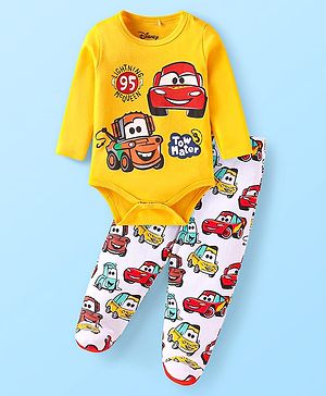 Babyhug Disney Interlock Knit Full Sleeves Onesie with Bootie Leggings Car Graphics - Yellow & White