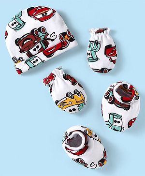 Babyhug Disney Interlock Knit Caps Mittens & Booties With Cars Print - White