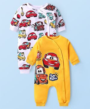Babyhug Disney Interlock Knit Full Sleeves Front Open Rompers with Cars Graphics Pack of 2 - White & Yellow