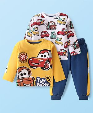 Babyhug Disney Single Jersey Knit Full Sleeves Cars Printed T-Shirts & Joggers Set - Yellow White & Blue