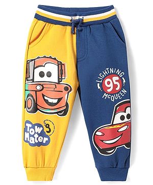 Babyhug Disney Terry Knit Full Length Cut & Sew Track Pant with Cars Graphics - Navy Blue & Yellow