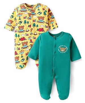 Babyhug Cotton Knit Full Sleeves Solid  & Animal Printed Footed Sleep Suits Pack of 2 - Yellow & Green