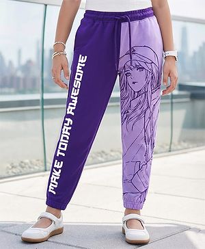 Pine Kids Cotton Blend Knit Full Length Lounge Pants with Text Print - Violet & Lavender