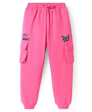 Pine Kids Cotton Knit Full Length Lounge Pants With Butterfly Print - Dark Pink