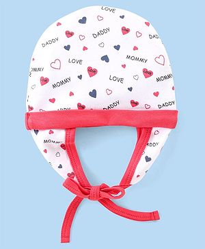 Babyhug 100% Cotton Knit Cap With Hearts Print - White