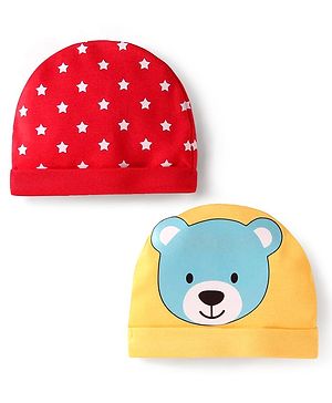 Babyhug 100% Cotton Caps with Polka Dots & Bear Print Pack of 2 - Red & Yellow