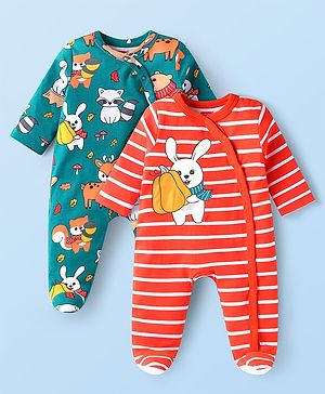 Babyhug Cotton Knit Full Sleeves Stripe & Animal Printed Footed Sleep Suits Pack of 2- Green & Red