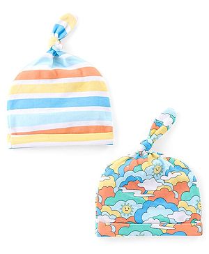 Babyhug 100% Cotton Interlock Knit Stripes & Clouds Printed Caps with Knot Detailing - Pack of 2 - Multicolour
