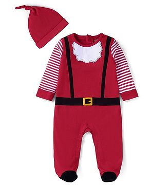 Babyhug Cotton Knit Full Sleeves Striped Sleepsuit With Cap - Red
