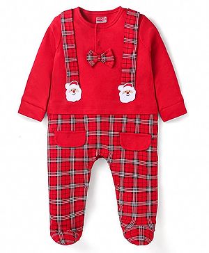 Babyhug Cotton Knit Full Sleeves Sleep Suit With Bow Applique & Santa Claus Patch - Red