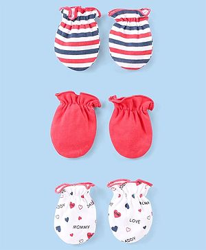Babyhug Interlock Knit Striped & Solid Mittens Pack of 3 - Pink & White