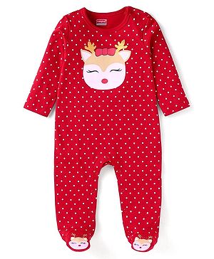 Babyhug Cotton Knit Full Sleeves Sleep Suit With Polka Dots & Deer Print - Red