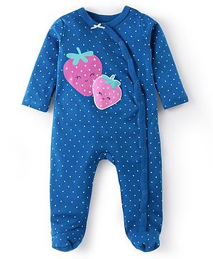 Babyhug Cotton Knit Full Sleeves Sleep Suit With Strawberries & Polka Dots Print - Navy