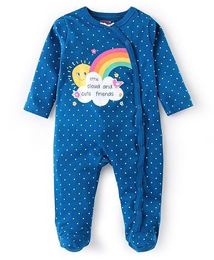 Babyhug Cotton Knit Full Sleeves Sleep Suit With Polka Dots & Text Print - Blue