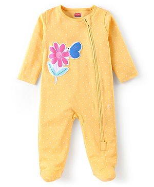 Babyhug Cotton Knit Full Sleeves Sleep Suit With Polka Dots Print & Floral Applique - Mustard