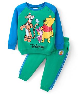 Babyhug Disney Raglan Sleeves T-Shirt & Lounge Pants Set With Winnie The Pooh Graphics - Green & Blue