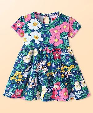 Babyhug Single Jersey Knit Half Sleeves Frock with Floral Print & Bow Applique - Royal Blue