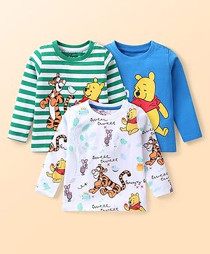 Babyhug Disney Single Jersey Full Sleeves T-Shirt with Winnie The Pooh Print Pack of 3 - Green Blue & White