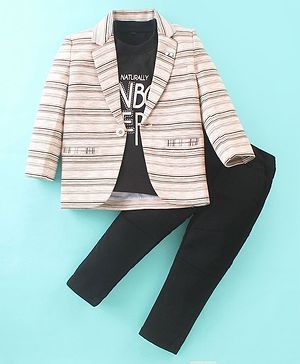 Dapper Dudes Full Sleeves Striped  Blazer With Typography Printed Tee & Pant Set - Fawn