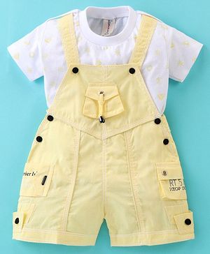 Dapper Dudes Typography Printed Dungaree With Half Sleeves Printed Tee - Yellow