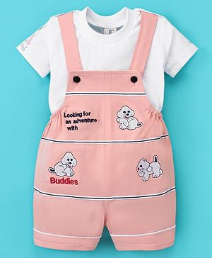 Dapper Dudes Dog Embroidered Dungaree With Half Sleeves Placement Printed Tee - Onion Pink