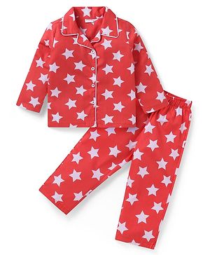 Babyhug Cotton Woven Full Sleeves Star Printed Night Suit - Red