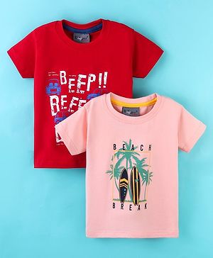 Dapper Dudes Pack Of 2 Half Sleeves Beach Break & Beep Text Printed Tees - Peach & Red