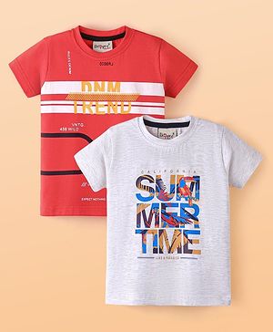 Dapper Dudes Pack Of 2 Half Sleeves Trend & Summer Time Print Text Printed Tees - Red & Light Grey