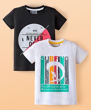 Dapper Dudes Pack Of 2 Half Sleeves Never Quit & Surfing Text Printed Tees - Light Grey & Black