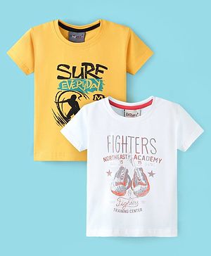 Dapper Dudes Pack Of 2 Half Sleeves Surf Everyday & Fighters Text Printed Tees - White & Yellow