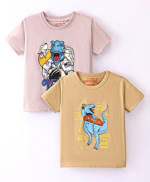 Dapper Dudes Pack Of 2 Half Sleeves Out Of This World & Skate Roar Text Printed Tees - Lilac & Beige