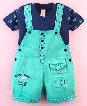 Dapper Dudes Typography Embroidered Dungaree With Half Sleeves Anchor Printed Tee- Sea Green