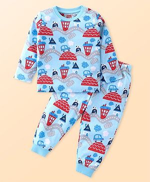 Babyhug Cotton Knit Full Sleeves Night Suit Set with Vehicle Print - Light Blue