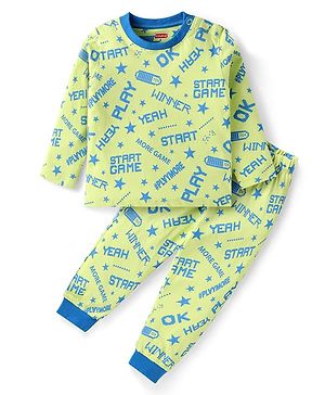 Babyhug Cotton Knit Full Sleeves Text Printed Night Suit - Neon Green