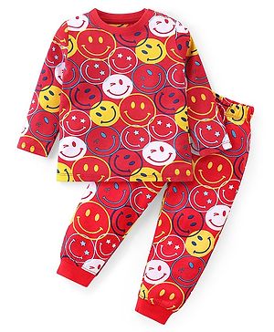 Babyhug Cotton  Woven Full Sleeves Night Suit with Smiley Print - Red