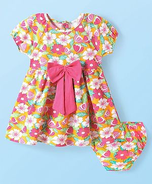 Babyhug Single Jersey Knit Half Raglan Puffed Sleeves Floral Printed Frock with Bloomer & Bow Applique - Orange & Pink